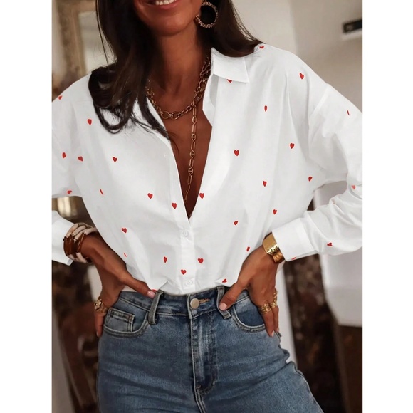White Casual Shirt Red Hearts Button Down Up Long Sleeve - Picture 6 of 11